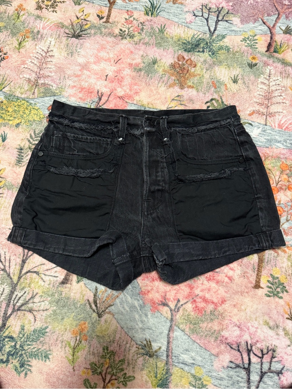 Helmut Lang High-Rise Black Denim Shorts with Frayed Pocket Detail size 25